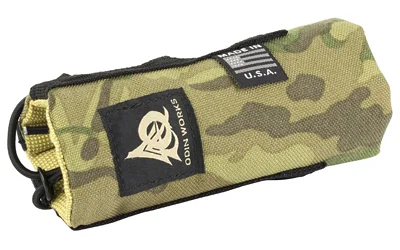 ODIN SPPRSSR MIRAGE CVR 5.5" MC, multicam cover in angled side view with logo patch and loop