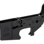 ODIN FORGED LOWER RECEIVER, black angled side view with markings, magazine well and trigger guard