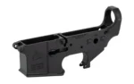 ODIN FORGED LOWER RECEIVER, black angled side view with markings, magazine well and trigger guard