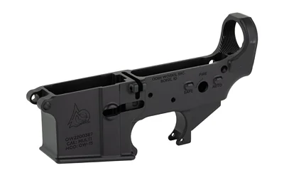 ODIN FORGED LOWER RECEIVER, black angled side view with markings, magazine well and trigger guard