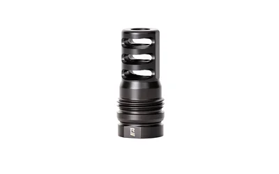RUGGED .338 3 Port Brake, black front view with three side ports and threaded base