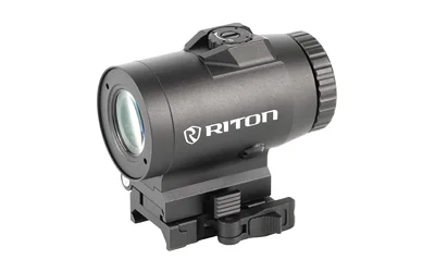 RITON 3 TACTIX 3X MAGNIFIER, black angled front view with rail mount and adjustment knob