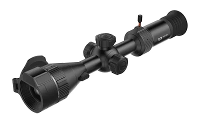 RIX LEAP-L3R Thermal Riflescope, black angled view with lens hood, turrets and eyepiece
