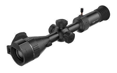 RIX LEAP-L6R Thermal Riflescope, black angled view with lens hood, turrets and eyepiece