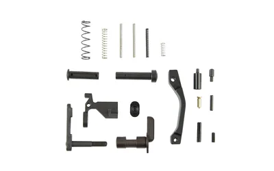 DPMS LOWER PARTS KIT NO FCG black and silver pins, springs and small parts arranged flat