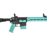 TIPPMANN M4-22 ACCENT black and turquoise rifle, left-side view with stock and magazine
