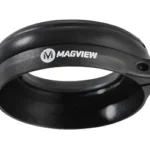 MAGVIEW B1 binocular adapter in black, angled front view with circular opening and side fastener