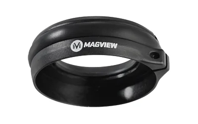 MAGVIEW B1 binocular adapter in black, angled front view with circular opening and side fastener