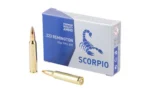 STV Technology SCORPIO AMMO blue and white box with two brass cartridges, front three-quarter view