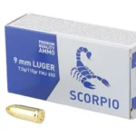 STV Technology SCORPIO AMMO blue and white box with two brass cartridges, front three-quarter view