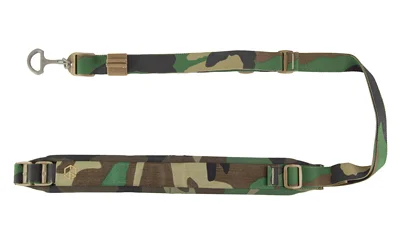 Edgar Sherman Design ESD Padded Sling M81 Woodland, laid flat with camouflage padding and hardware