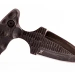 STROUP SD1 black fixed-blade knife, right-side view with etched blade and finger-grooved handle