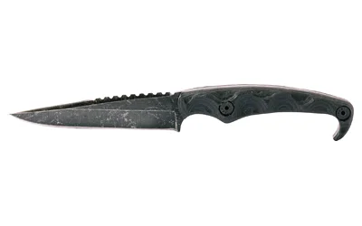 primary-18928 STROUP MK2 black acid-etched fixed-blade knife, left side view with curved handle