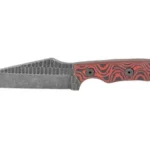 STROUP TU2 4-inch knife, left-side view with acid-etched blade and red-black textured handle