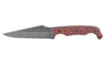 STROUP TU2 4-inch knife, left-side view with acid-etched blade and red-black textured handle