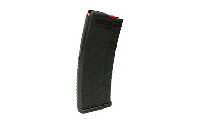 Hexmag Carbon Fiber black rifle magazine, angled side view with textured body and red follower
