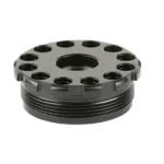 Anechoic DTA black threaded round adapter, angled top view with circular ports