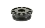 Anechoic DTA black threaded round adapter, angled top view with circular ports