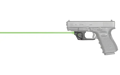 VIRIDIAN E SERIES GRN FITS GLOCK 19 gray pistol right-side view with visible green laser beam