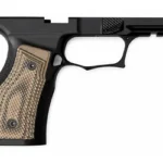 SHARPS GEN3 P365 XMACRO BLK/HY GG, black frame side view with tan patterned grip panels and rail