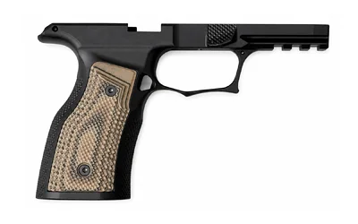 SHARPS GEN3 P365 XMACRO BLK/HY GG, black frame side view with tan patterned grip panels and rail