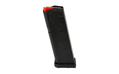 Hexmag GLK19 black pistol magazine, angled side view with red follower and black baseplate