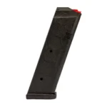 Hexmag GLK17 black pistol magazine, angled side view with textured body and flared baseplate