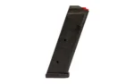 Hexmag GLK17 black pistol magazine, angled side view with textured body and flared baseplate