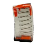 HEXMAG Shorty AR15 clear magazine with visible spring and orange follower, angled view