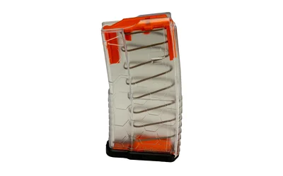 primary-19055 HEXMAG Shorty AR15 clear magazine with visible spring and orange follower, angled view