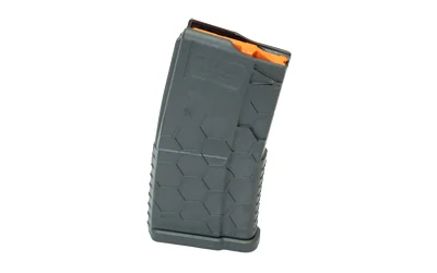 Hexmag Shorty AR15 magazine, gray angled view with textured body and orange follower