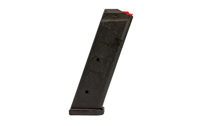 HEXMAG S2 magazine, angled side view in black with textured panels and red follower