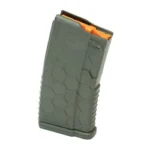 HEXMAG SHORTY AR15 olive drab magazine with hex pattern and orange follower, angled view
