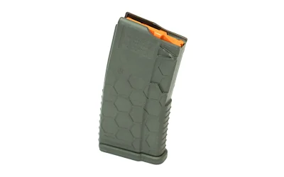 HEXMAG SHORTY AR15 olive drab magazine with hex pattern and orange follower, angled view