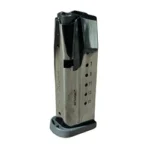 Derya DY9Z black and silver magazine, angled front view with witness holes and base pad