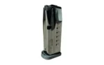 Derya DY9Z black and silver magazine, angled front view with witness holes and base pad