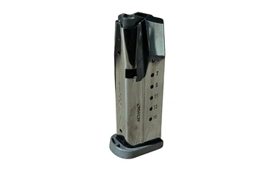 primary-19082 Derya DY9Z black and silver magazine, angled front view with witness holes and base pad