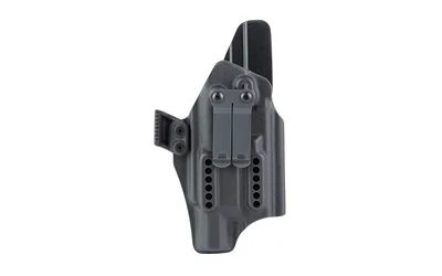 primary-19090 GBRS P1 IWB HLSTR FOR GLK X300U RH black holster front view with belt clip, screws and vent holes