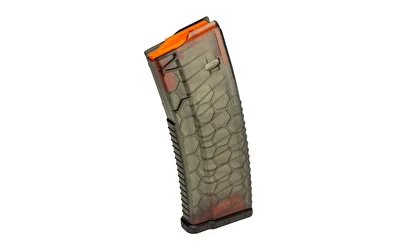 primary-19099 MAG HEXMAG HV S2 AR15 5.56 30RD SMK translucent smoke angled side view with orange follower