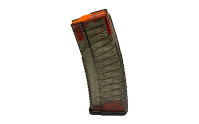 HEXMAG HV S2 AR15 5.56 10RD SMK smoke translucent curved magazine, side view with orange accents