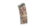 HEXMAG HD S2 AR15 5.56 15RD DCP curved magazine, side view with tan and brown camouflage pattern