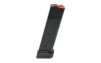 HEXMAG SIG P320 9MM 17RD BLACK black pistol magazine, angled side view with orange follower