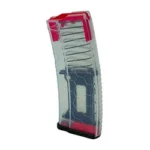 HEXMAG HV S2 AR15 clear magazine, angled side view with visible internals and red accents