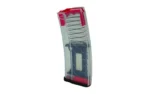 HEXMAG HV S2 AR15 clear magazine, angled side view with visible internals and red accents
