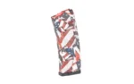 HEXMAG HD S2 AR15 magazine, angled side view with red, white and blue patterned finish