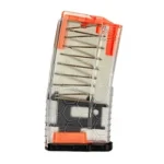 MAG HEXMAG SHRTY AR15 5.56 10RD CLR clear magazine, front view with orange top and visible spring