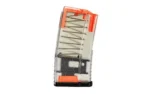 MAG HEXMAG SHRTY AR15 5.56 10RD CLR clear magazine, front view with orange top and visible spring
