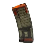 HEXMAG HV S2 AR15 smoke translucent curved magazine, angled side view with orange follower