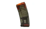HEXMAG HV S2 AR15 smoke translucent curved magazine, angled side view with orange follower