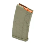 HEXMAG SHRTY 10/20 AR15, flat dark earth angled side view with hex pattern and orange follower
